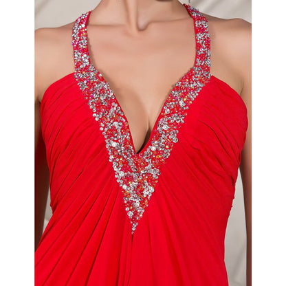 NumberSea - A - Line Celebrity Style Dress Formal Evening Floor Length Sleeveless Plunging Neck Chiffon with Beading