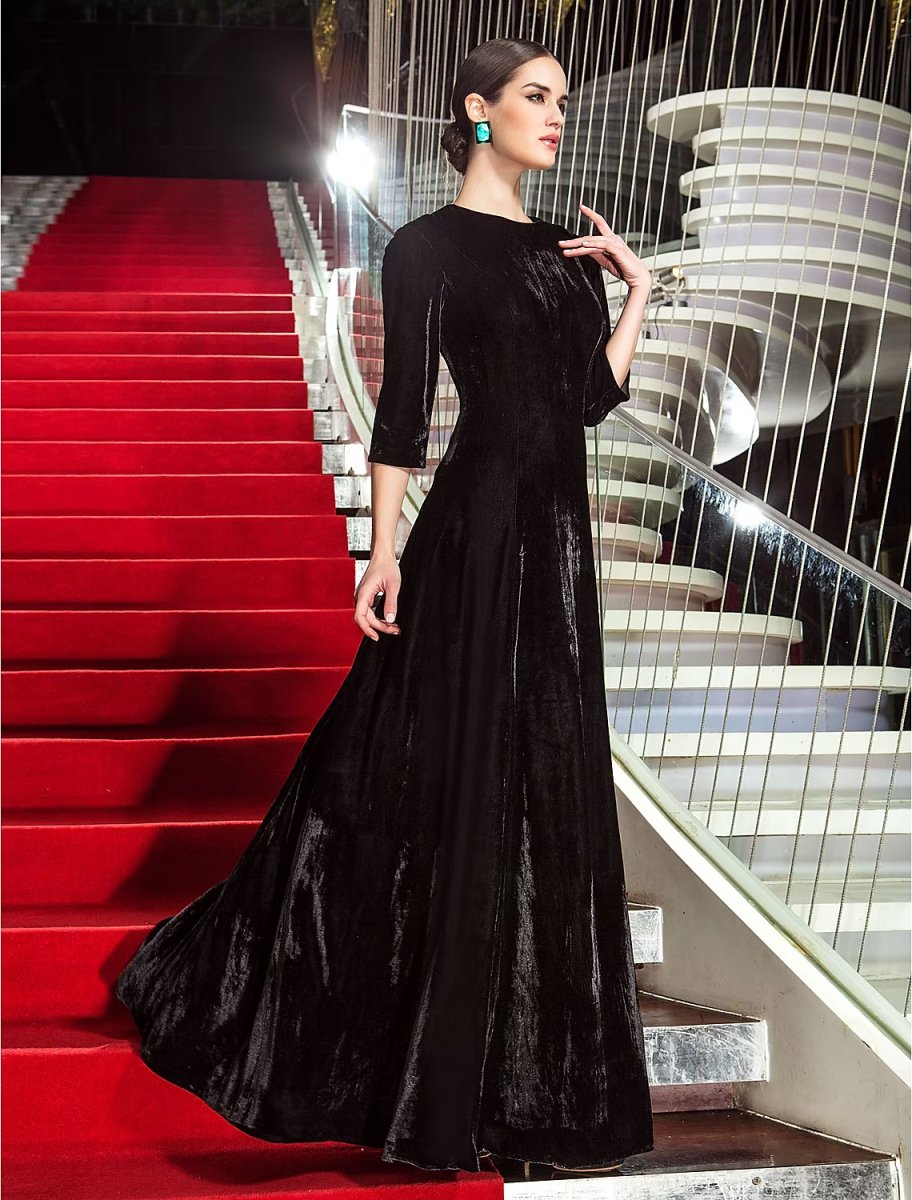 NumberSea - A - Line Celebrity Style Dress Wedding Guest Floor Length 3/4 Length Sleeve Jewel Neck Velvet with Pleats