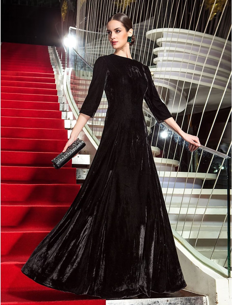 NumberSea - A - Line Celebrity Style Dress Wedding Guest Floor Length 3/4 Length Sleeve Jewel Neck Velvet with Pleats