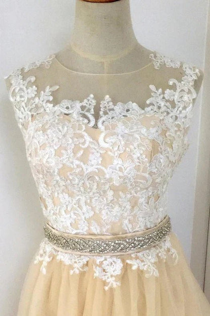 NumberSea - A - line Champagne with White Lace Round Neckline Party Dress, Beautiufl Wedding Party Dresses