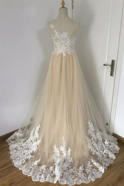 NumberSea - A - line Champagne with White Lace Round Neckline Party Dress, Beautiufl Wedding Party Dresses