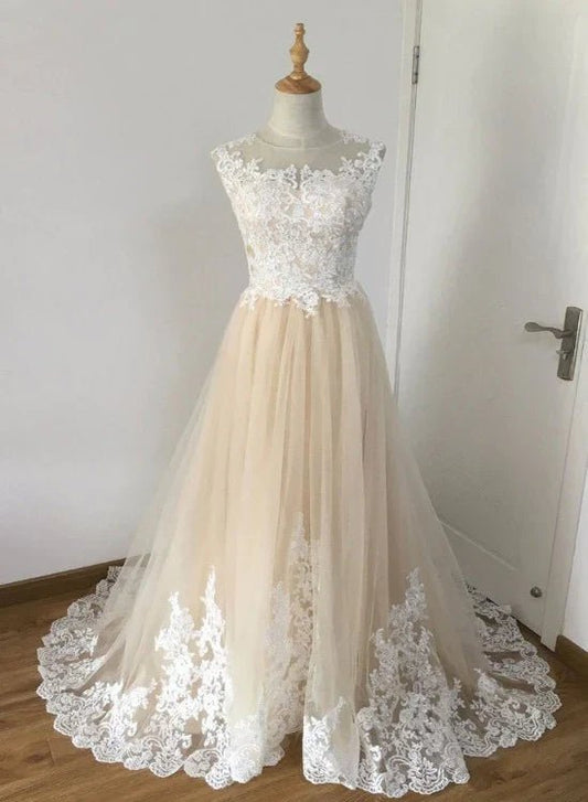 NumberSea - A - line Champagne with White Lace Round Neckline Party Dress, Beautiufl Wedding Party Dresses