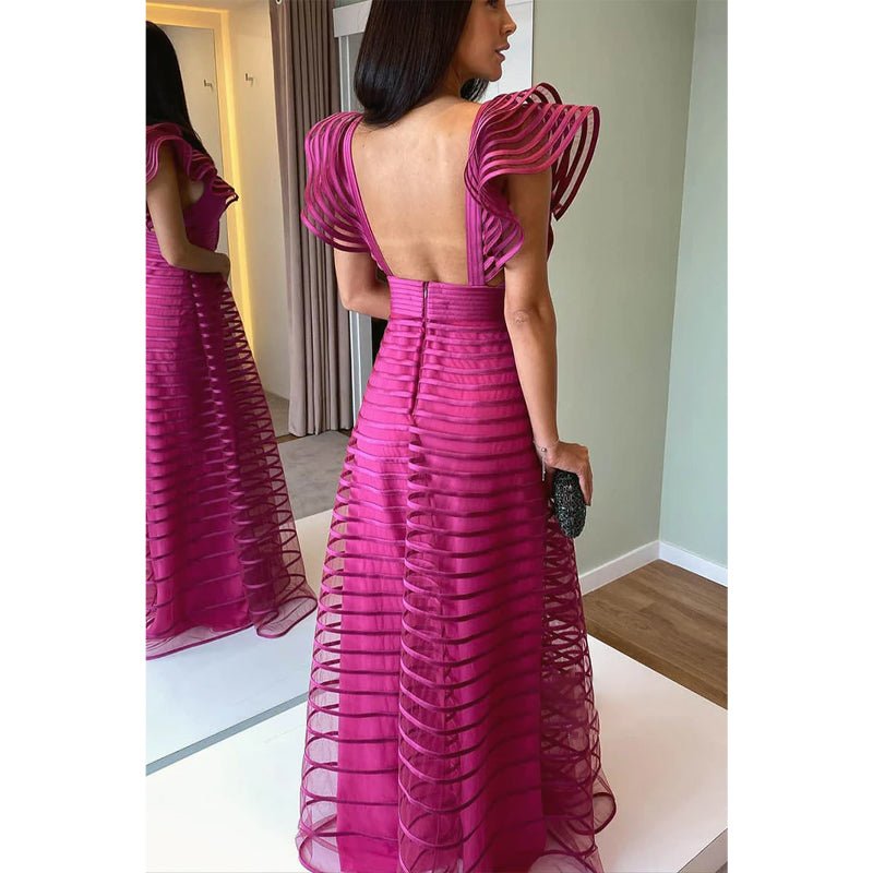 NumberSea - A - line Chic Cap Sleeves V - neck Fuchsia Long Formal Evening Dress