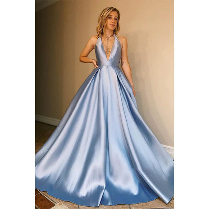 NumberSea - A - line Chic Halter Blue Satin Long Simple Prom Dress Backless