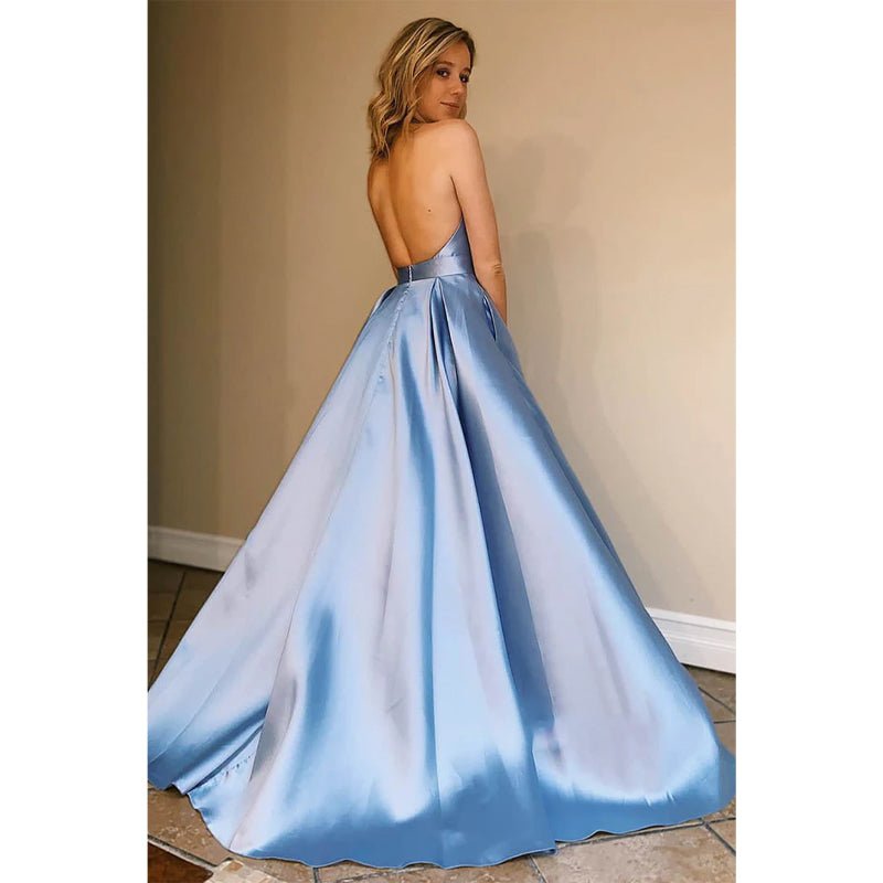 NumberSea - A - line Chic Halter Blue Satin Long Simple Prom Dress Backless