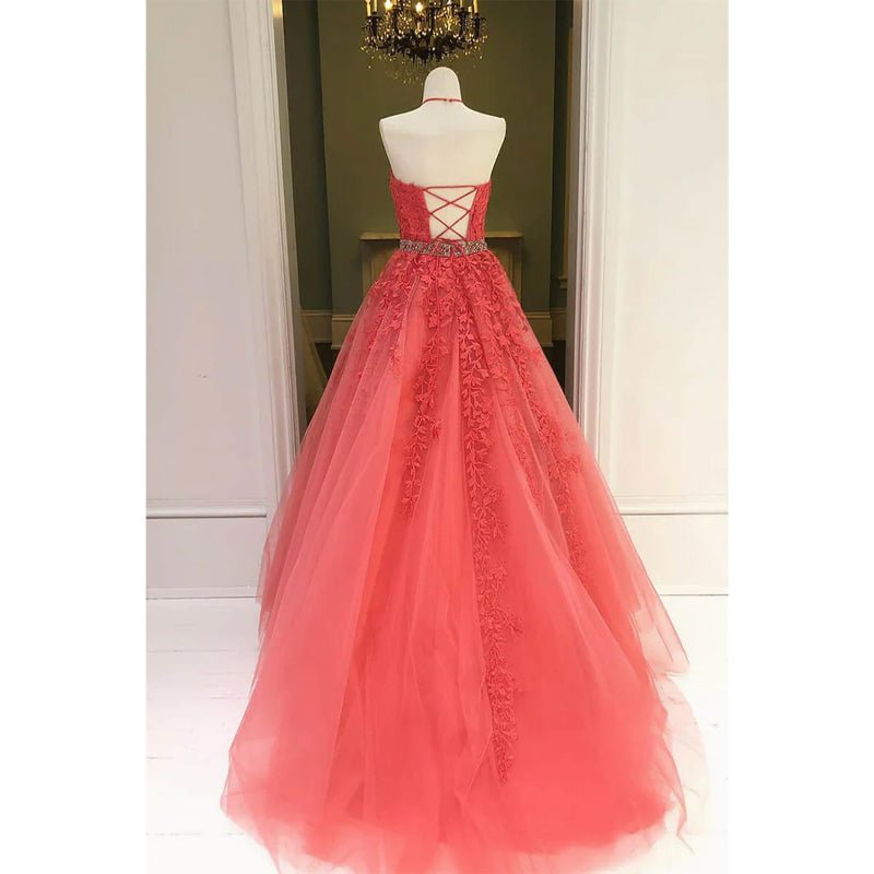 NumberSea - A - line Chic Halter Tulle Appliques Long Prom Dress Formal Evening Gowns