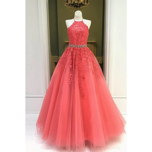 NumberSea - A - line Chic Halter Tulle Appliques Long Prom Dress Formal Evening Gowns