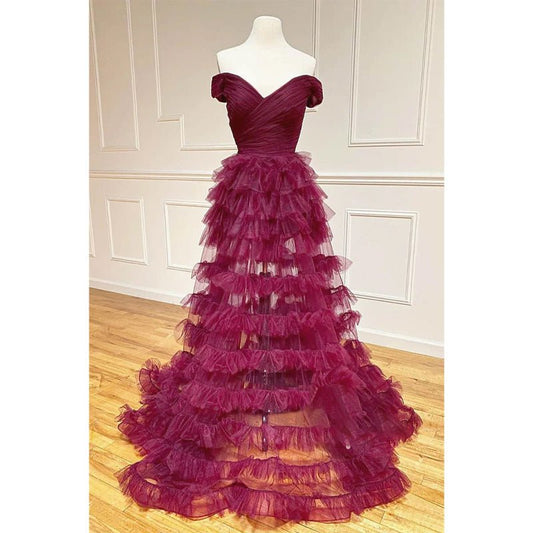 NumberSea - A - line Chic Off - shoulder Tulle Tiered Long Prom Dress