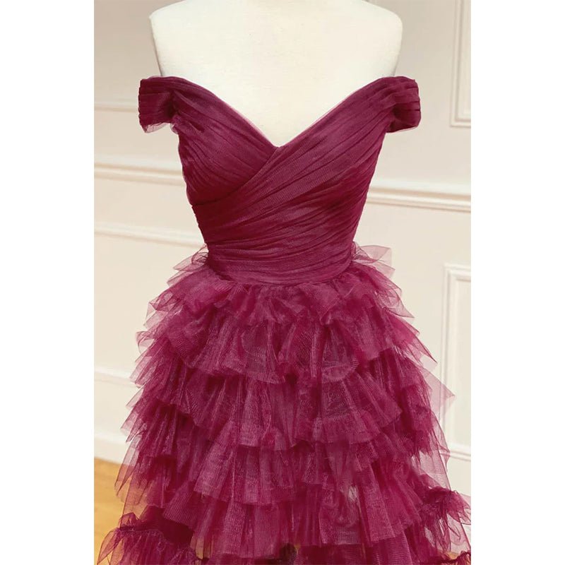 NumberSea - A - line Chic Off - shoulder Tulle Tiered Long Prom Dress