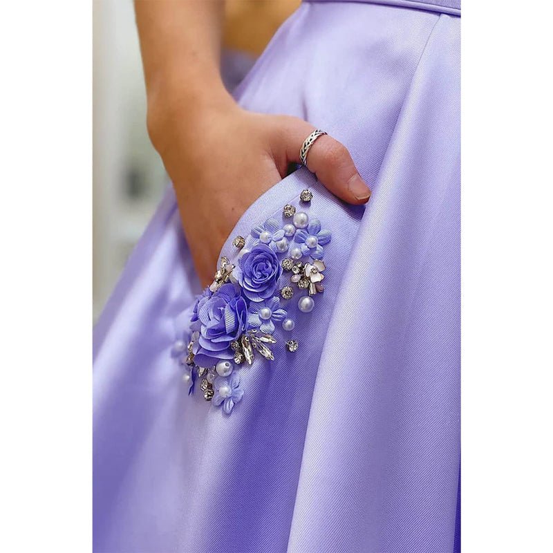 NumberSea - A - line Chic Scoop Spaghetti Straps Lavender Satin Long Prom Dress with Pockets