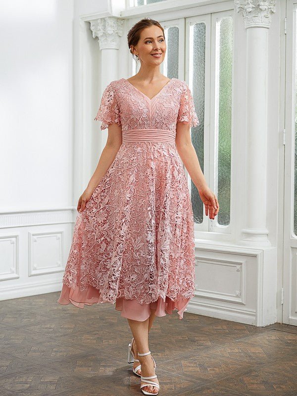 NumberSea - A - Line Chiffon Applique V - neck Short Sleeves Length Dresses