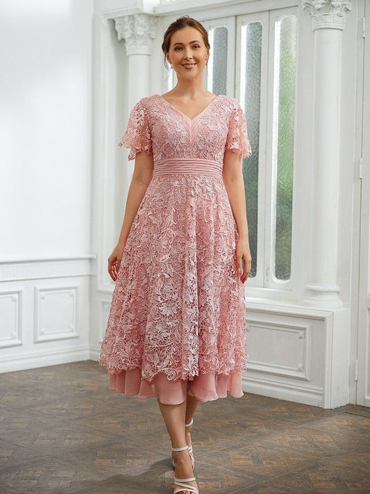 NumberSea - A - Line Chiffon Applique V - neck Short Sleeves Length Dresses