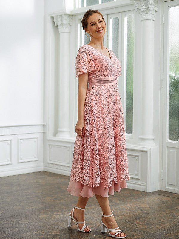 NumberSea - A - Line Chiffon Applique V - neck Short Sleeves Length Dresses