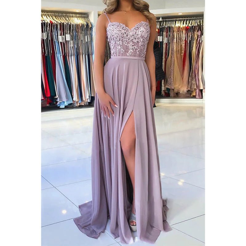 NumberSea - A - line Chiffon Appliques Spaghetti Straps High Split Long Formal Evening Dress