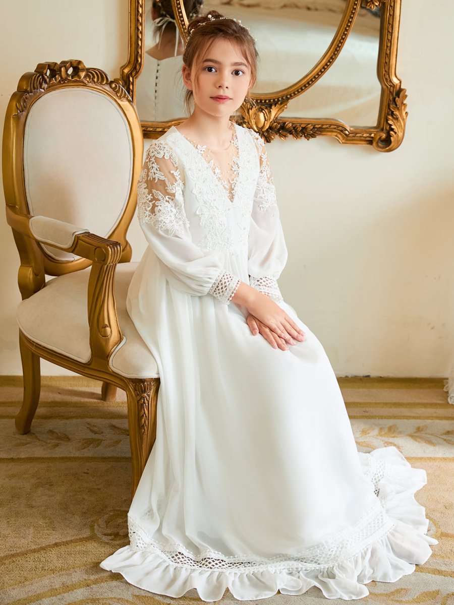 NumberSea - A - line Chiffon Floor - length Ivory First Communion Dress