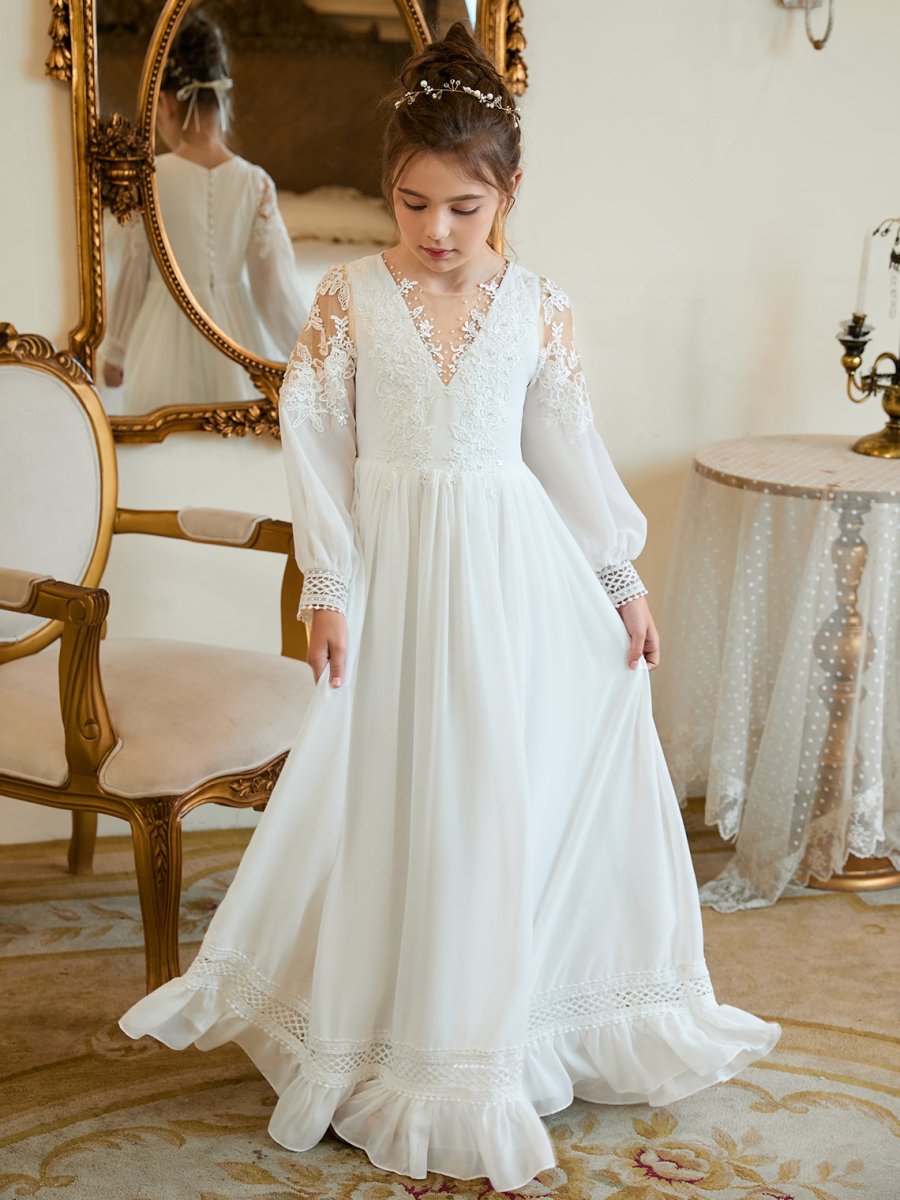 NumberSea - A - line Chiffon Floor - length Ivory First Communion Dress