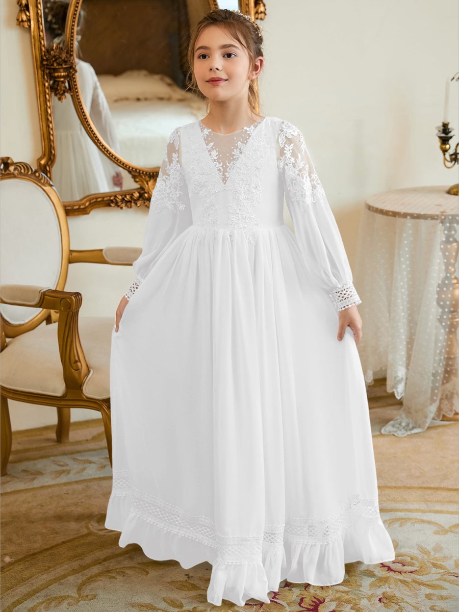 NumberSea - A - line Chiffon Floor - length Ivory First Communion Dress