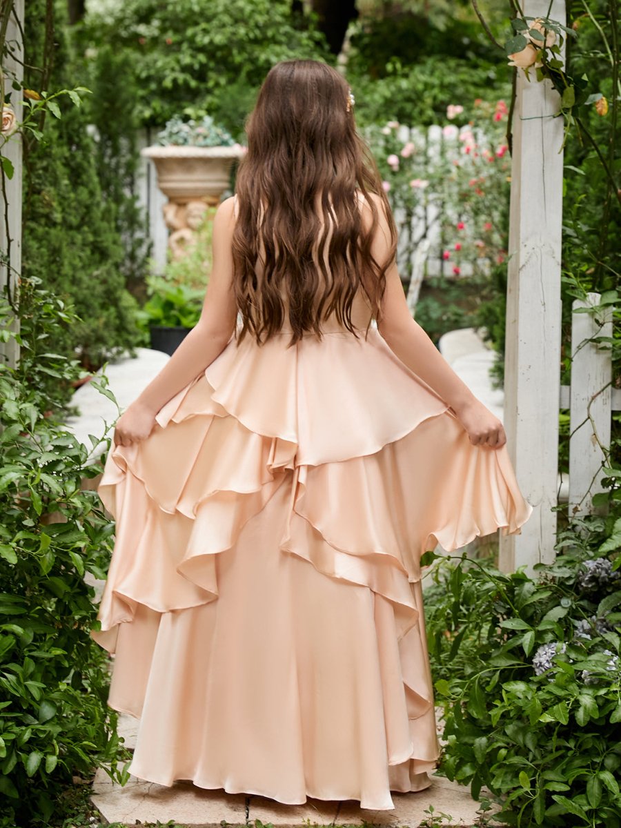 NumberSea - A - line Chiffon Floor - length Light Peach Flower Girl Dress