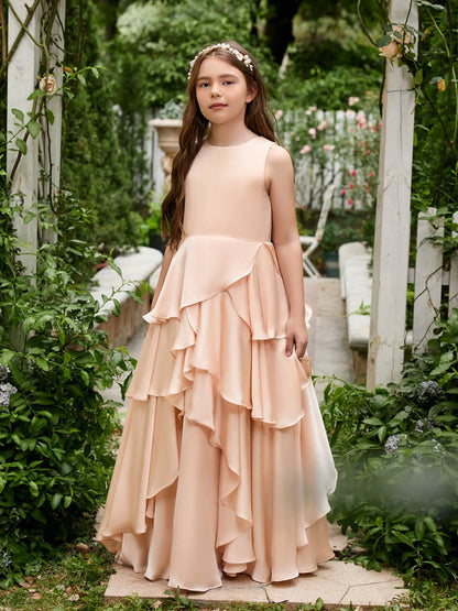 NumberSea - A - line Chiffon Floor - length Light Peach Flower Girl Dress