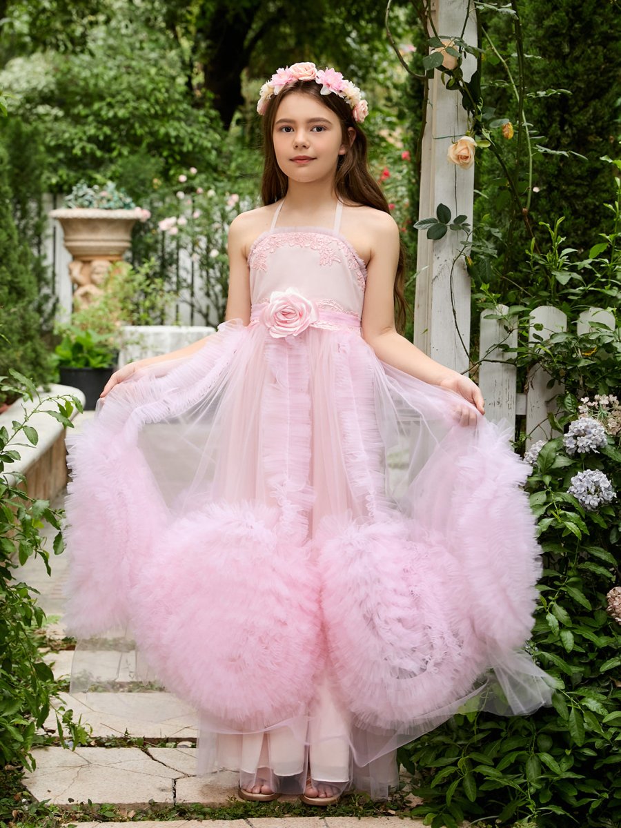 NumberSea - A - line Chiffon Floor - length Pink Flower Girl Dress