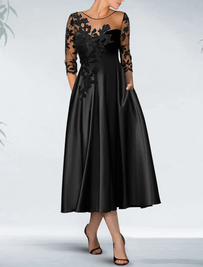 NumberSea - A - Line Cocktail Black Dress Appliques Elegant Dress Fall Wedding Guest Dress For Mother Knee Length 3/4 Length Sleeve Off Shoulder Pocket Satin with Beading Pocket