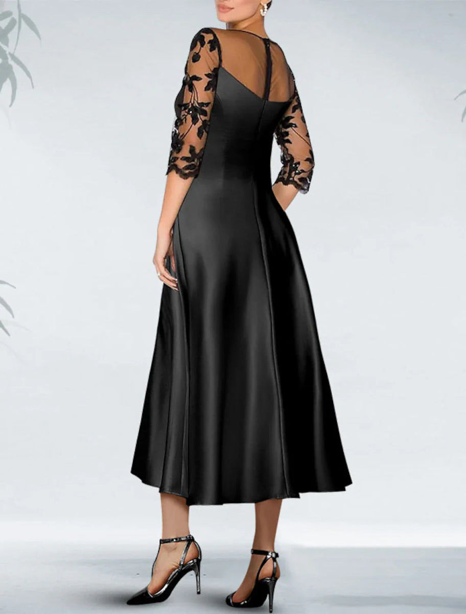 NumberSea - A - Line Cocktail Black Dress Appliques Elegant Dress Fall Wedding Guest Dress For Mother Knee Length 3/4 Length Sleeve Off Shoulder Pocket Satin with Beading Pocket