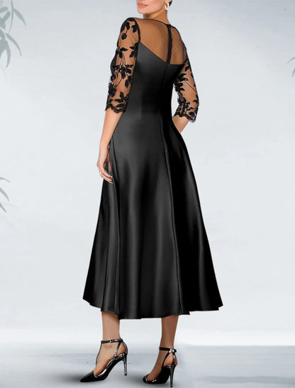 NumberSea - A - Line Cocktail Black Dress Plus Size Appliques Elegant Dress Fall Wedding Guest Dress For Mother Knee Length 3/4 Length Sleeve Off Shoulder Pocket Satin with Beading Pocket