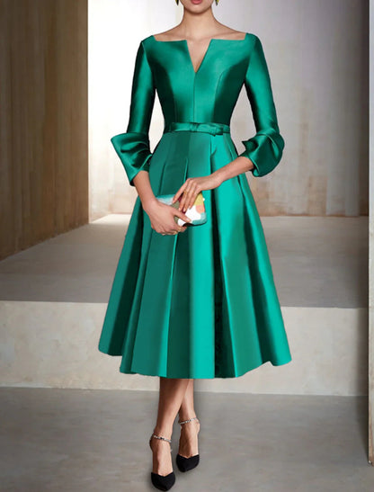 NumberSea - A - Line Cocktail Dress Christmas Red Green Dresses Elegant Dress Formal Wedding Guest Tea Length 3/4 Length Sleeve V Neck Satin with Pleats