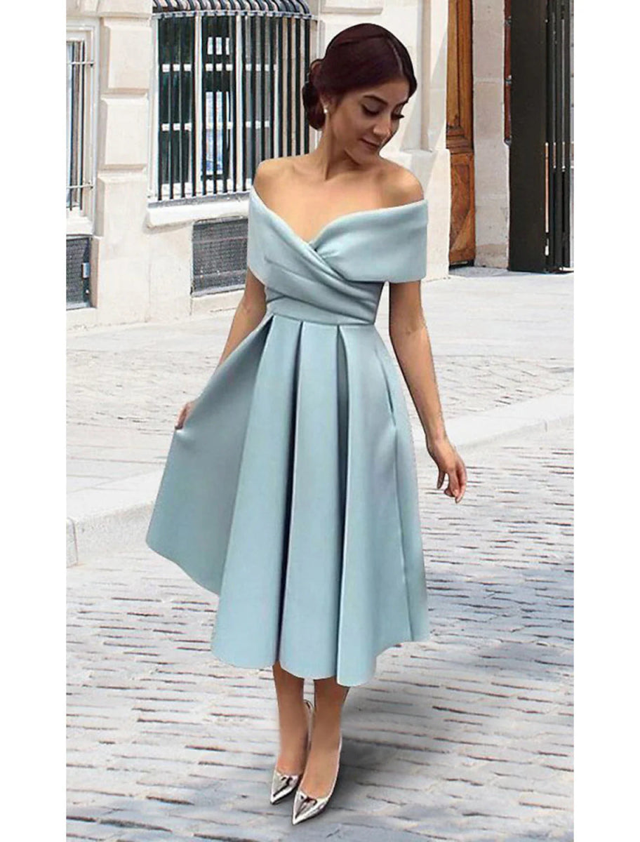 NumberSea - A - Line Cocktail Dresses 1950s Dress Homecoming Formal Evening Tea Length Short Sleeve V Neck Stretch Fabric V Back with Pleats