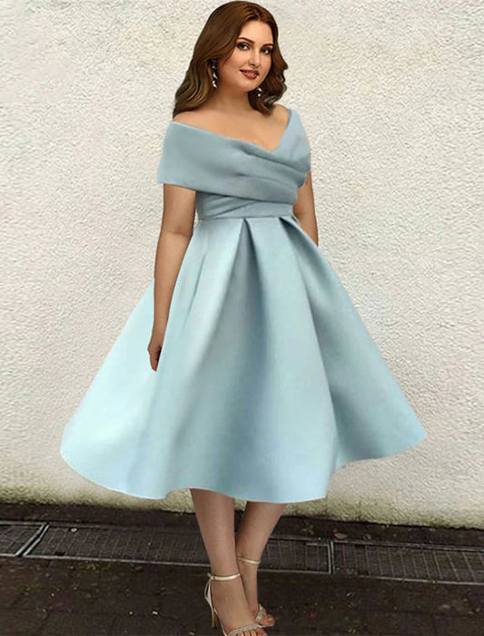 NumberSea - A - Line Cocktail Dresses 1950s Dress Wedding Guest Cocktail Party Tea Length Short Sleeve V Neck Satin with Sleek Pleats Pure Color