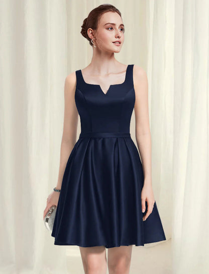 NumberSea - A - Line Cocktail Dresses Black Dress Homecoming Party Wear Short / Mini Sleeveless Scoop Neck Satin with Pleats