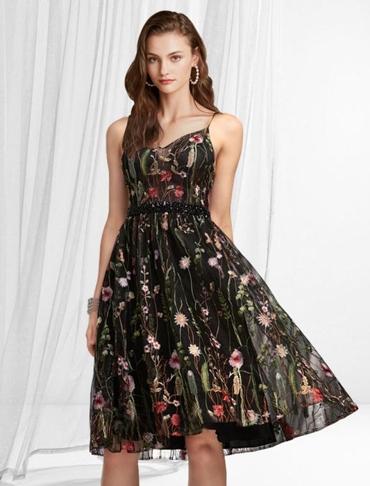 NumberSea - A - Line Cocktail Dresses Boho Dress Homecoming Knee Length Sleeveless V Neck Lace with Pattern / Print