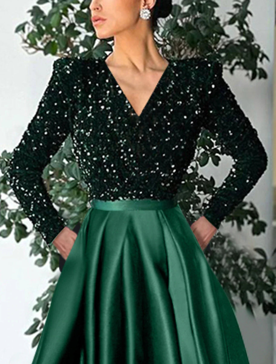 NumberSea - A - Line Cocktail Dresses Christmas Red Green Dress Formal Wedding Guest Tea Length Long Sleeve V Neck Sequined with Sequin