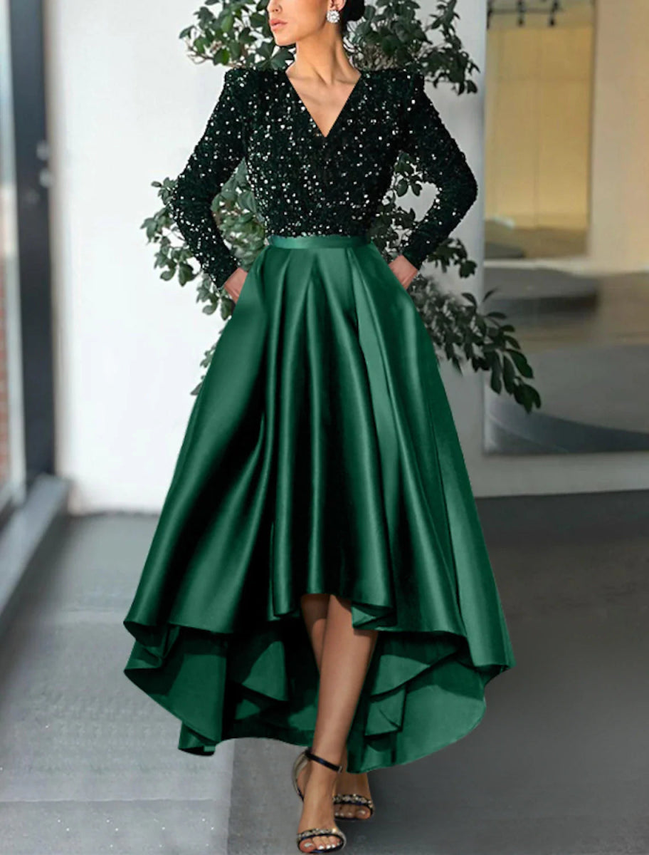 NumberSea - A - Line Cocktail Dresses Christmas Red Green Dress Formal Wedding Guest Tea Length Long Sleeve V Neck Sequined with Sequin