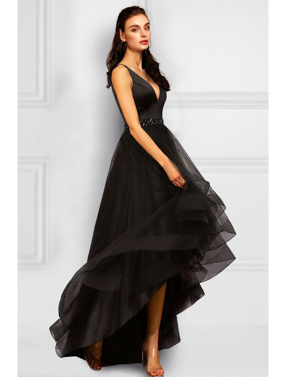 NumberSea - A - Line Cocktail Dresses Elegant Dress Party Wear Asymmetrical Sleeveless V Neck Organza with Rhinestone Ruffles