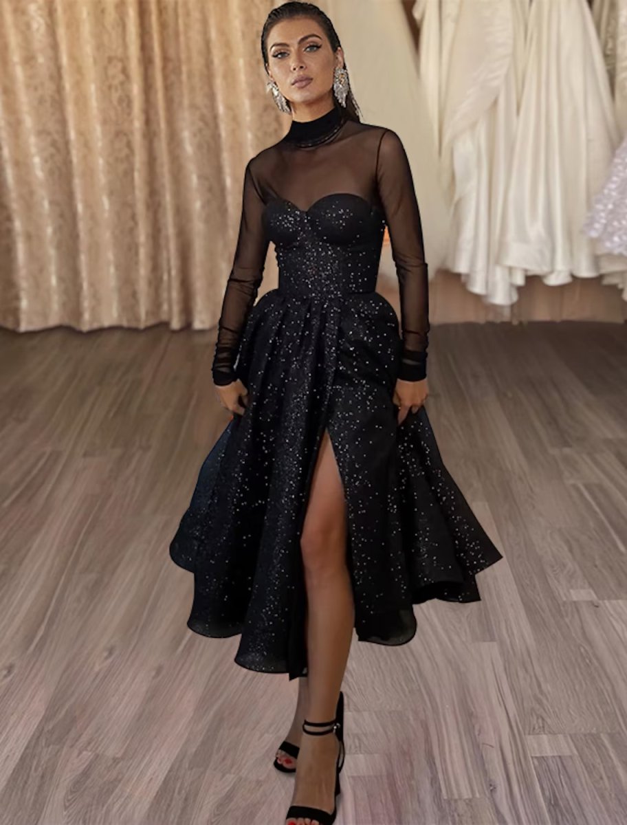 NumberSea - A - Line Cocktail Dresses Elegant Dress Party Wear Tea Length Long Sleeve High Neck Wednesday Addams Family Tulle with Glitter Slit