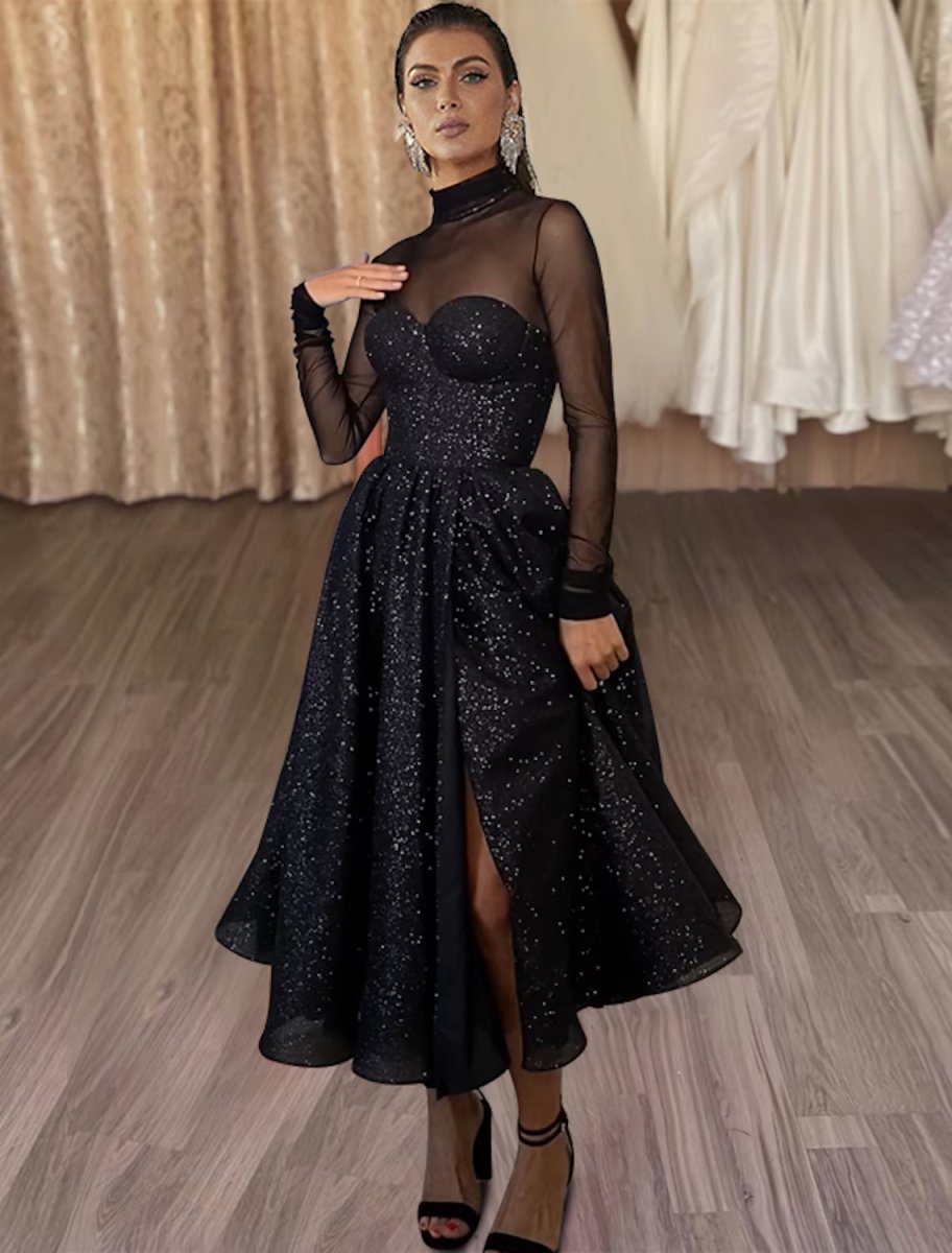 NumberSea - A - Line Cocktail Dresses Elegant Dress Party Wear Tea Length Long Sleeve High Neck Wednesday Addams Family Tulle with Glitter Slit