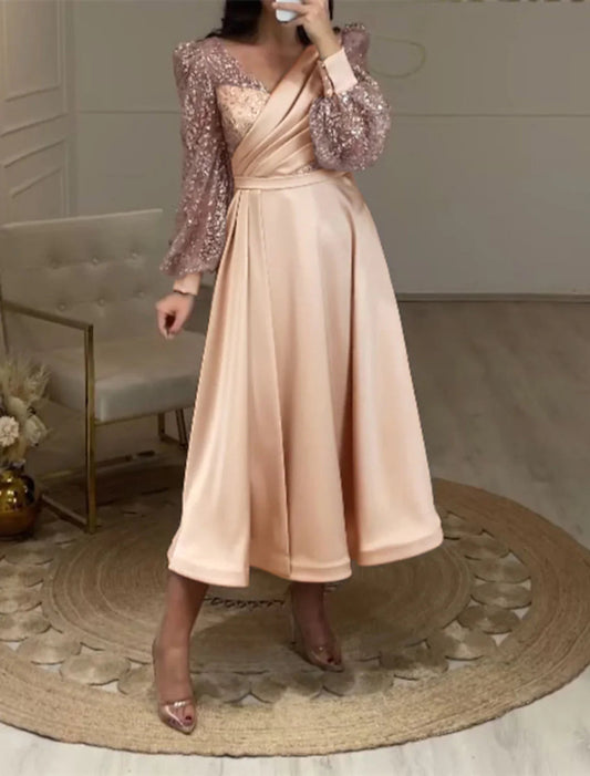 NumberSea - A - Line Cocktail Dresses Elegant Dress Party Wear Wedding Guest Tea Length Long Sleeve V Neck Fall Wedding Guest Satin with Ruched