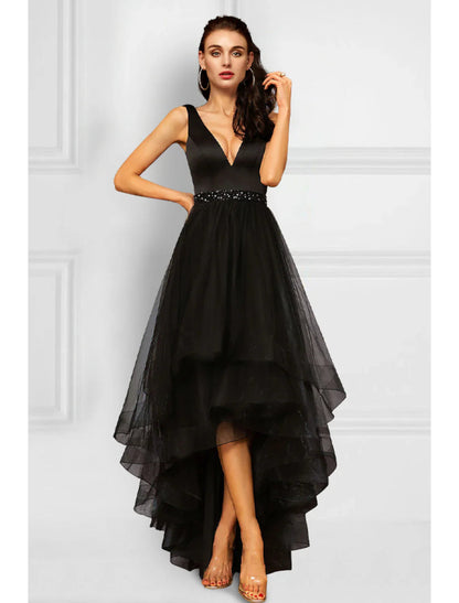 NumberSea - A - Line Cocktail Dresses Elegant Dress Party Wear Wedding Party Asymmetrical Sleeveless V Neck Organza with Rhinestone Ruffles