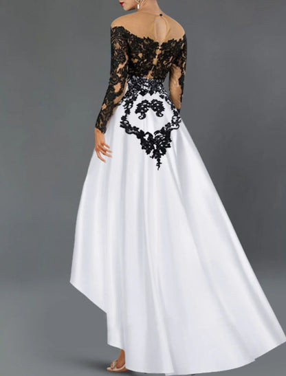 NumberSea - A - Line Cocktail Dresses Elegant Dress Wedding Party Semi Formal Asymmetrical 3/4 Length Sleeve Off Shoulder Fall Wedding Guest Satin with Beading Embroidery Appliques