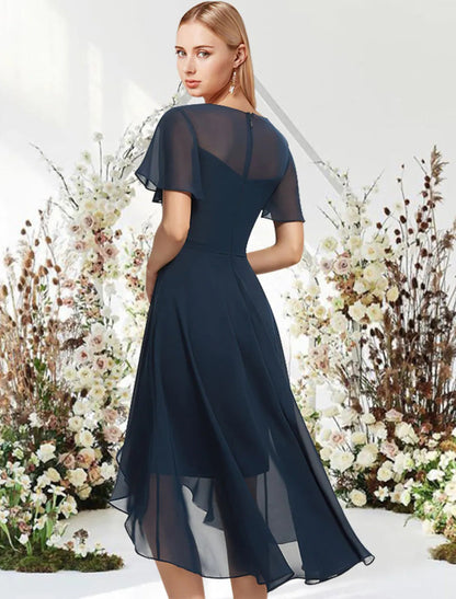 NumberSea - A - Line Cocktail Dresses Empire Dress Wedding Guest Asymmetrical Short Sleeve Jewel Neck Chiffon with Sleek