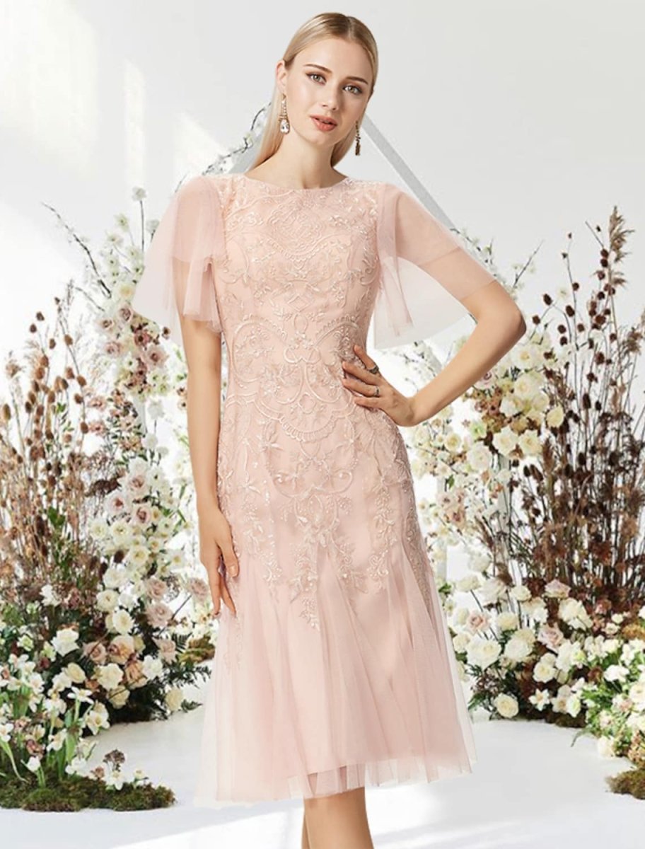 NumberSea - A - Line Cocktail Dresses Flirty Dress Graduation Knee Length Half Sleeve Jewel Neck Lace with Appliques