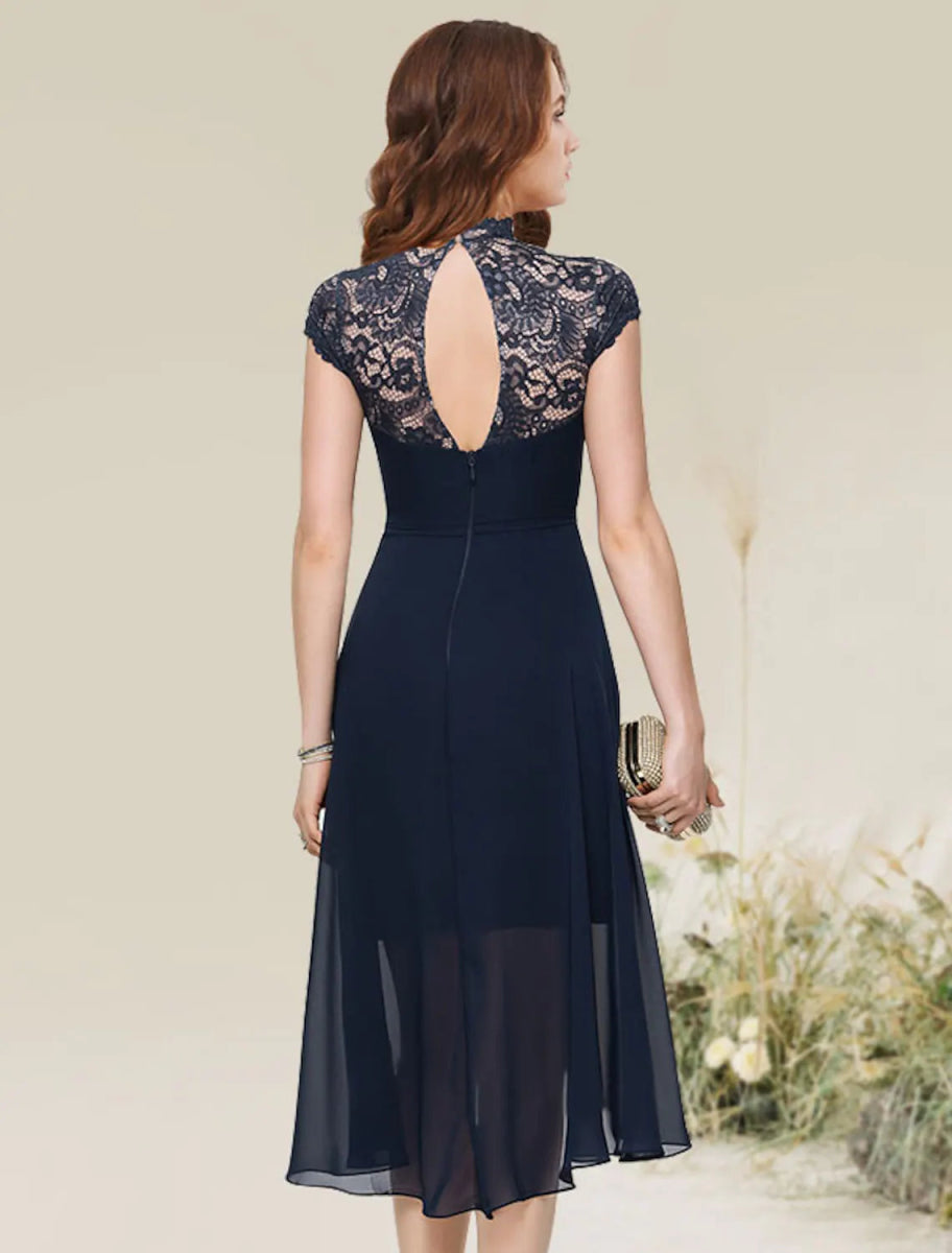 NumberSea - A - Line Cocktail Dresses Flirty Dress Homecoming Asymmetrical Sleeveless Jewel Neck Chiffon with Lace Insert