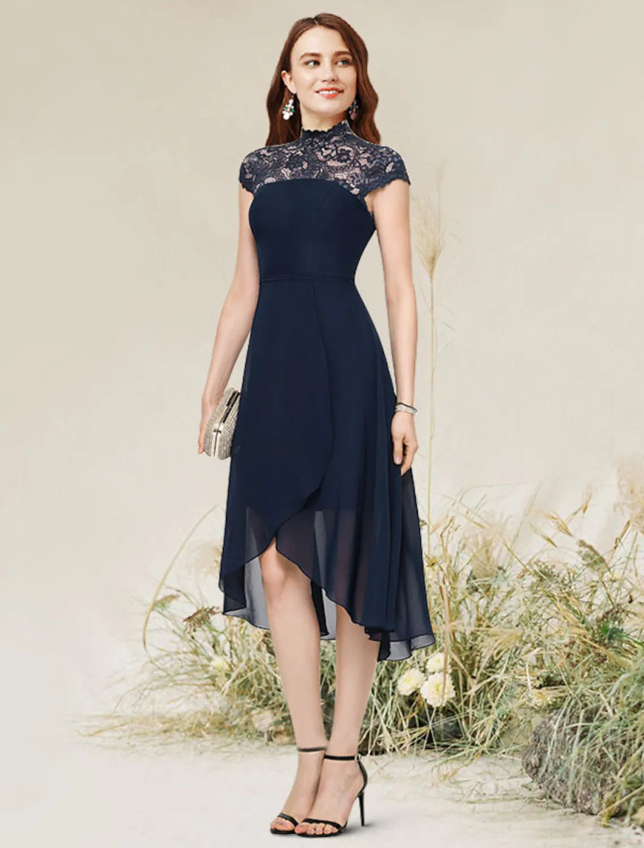 NumberSea - A - Line Cocktail Dresses Flirty Dress Homecoming Asymmetrical Sleeveless Jewel Neck Chiffon with Lace Insert