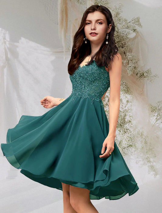 NumberSea - A - Line Cocktail Dresses Flirty Dress Homecoming Graduation Short / Mini Sleeveless V Neck Chiffon Backless with Beading Lace Insert