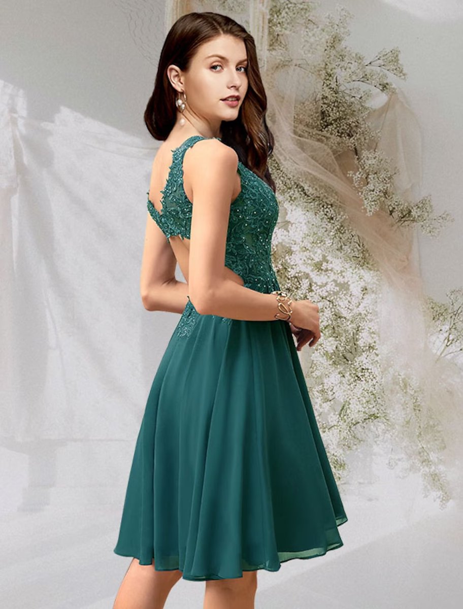 NumberSea - A - Line Cocktail Dresses Flirty Dress Homecoming Short / Mini Sleeveless V Neck Chiffon Backless with Beading Lace Insert