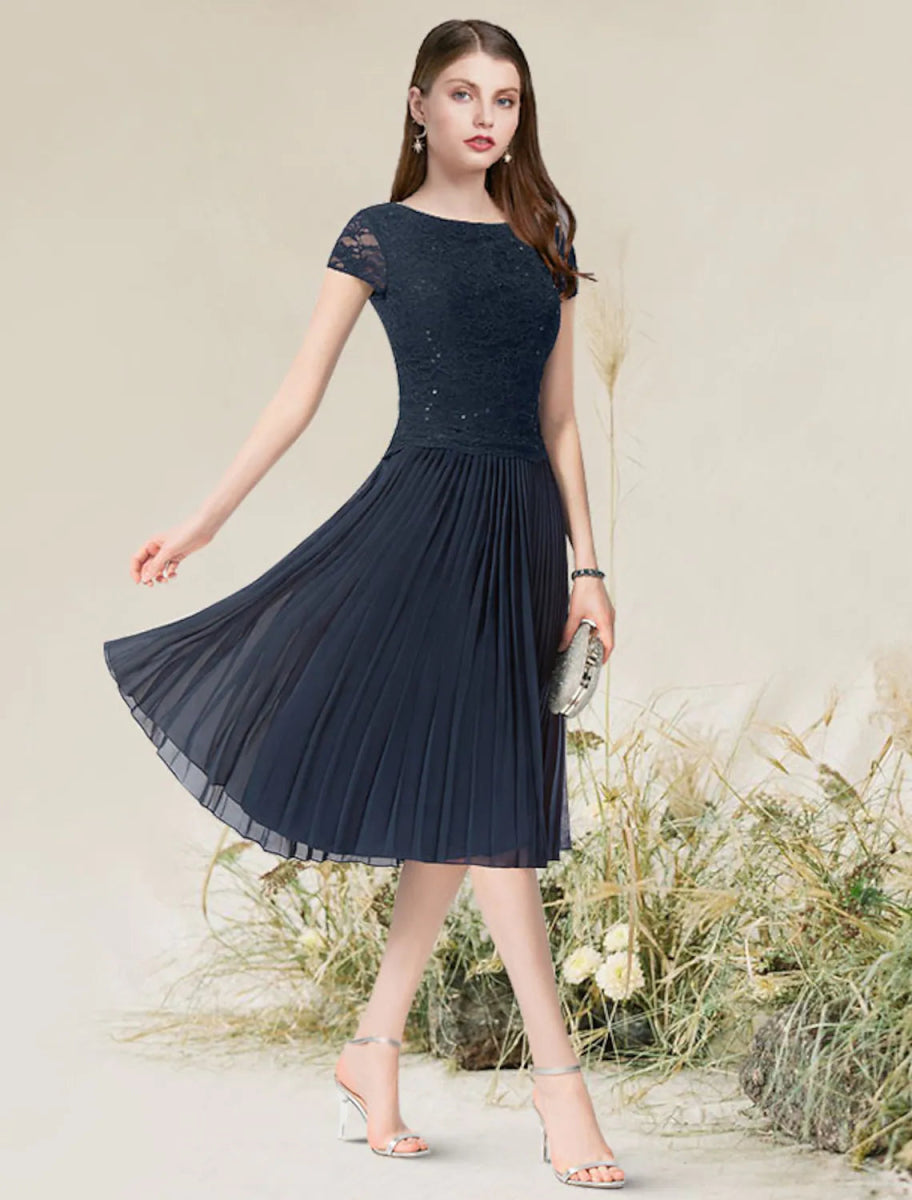 NumberSea - A - Line Cocktail Dresses Flirty Dress Homecoming Tea Length Short Sleeve Jewel Neck Chiffon with Pleats