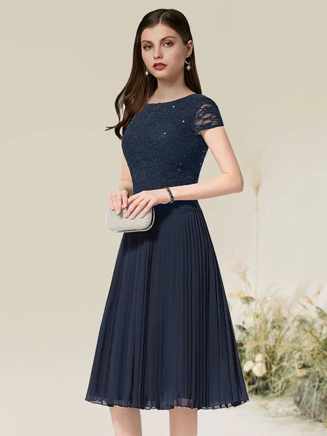 NumberSea - A - Line Cocktail Dresses Flirty Dress Homecoming Tea Length Short Sleeve Jewel Neck Chiffon with Pleats