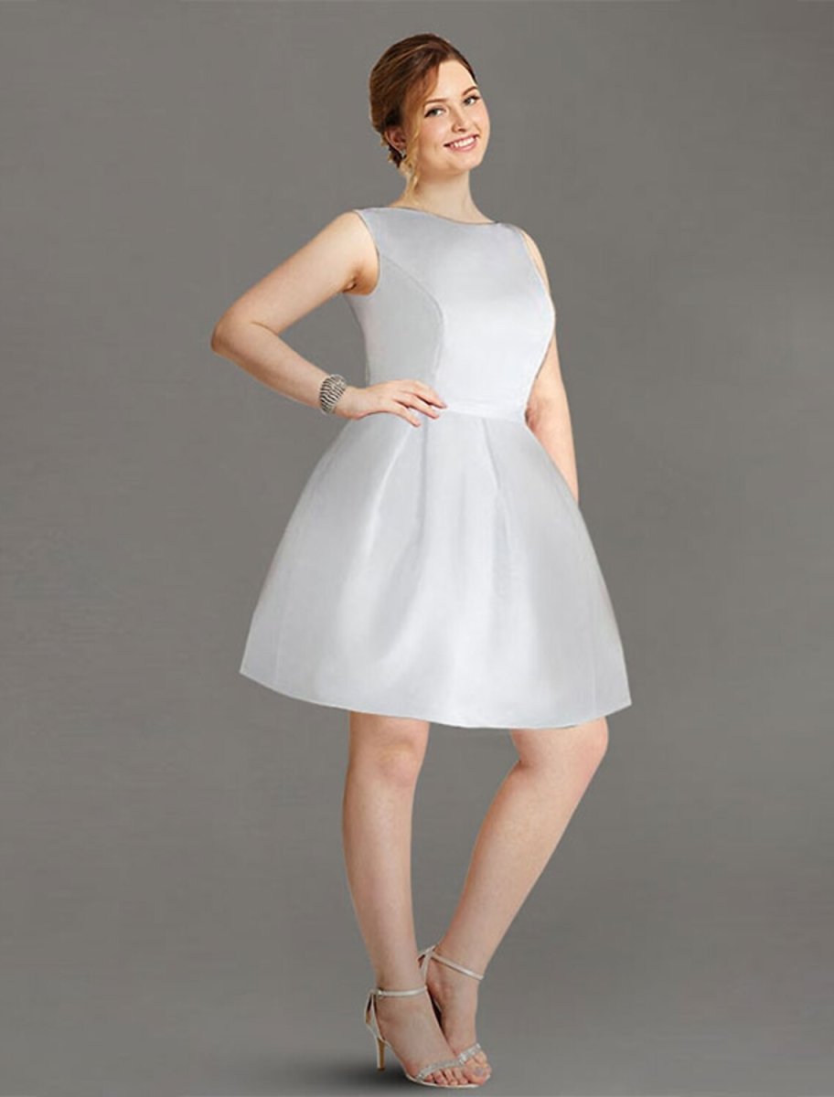 NumberSea - A - Line Cocktail Dresses Minimalist Dress Graduation Knee Length Sleeveless Boat Neck Satin Backless with Sleek Bow(s) Pleats