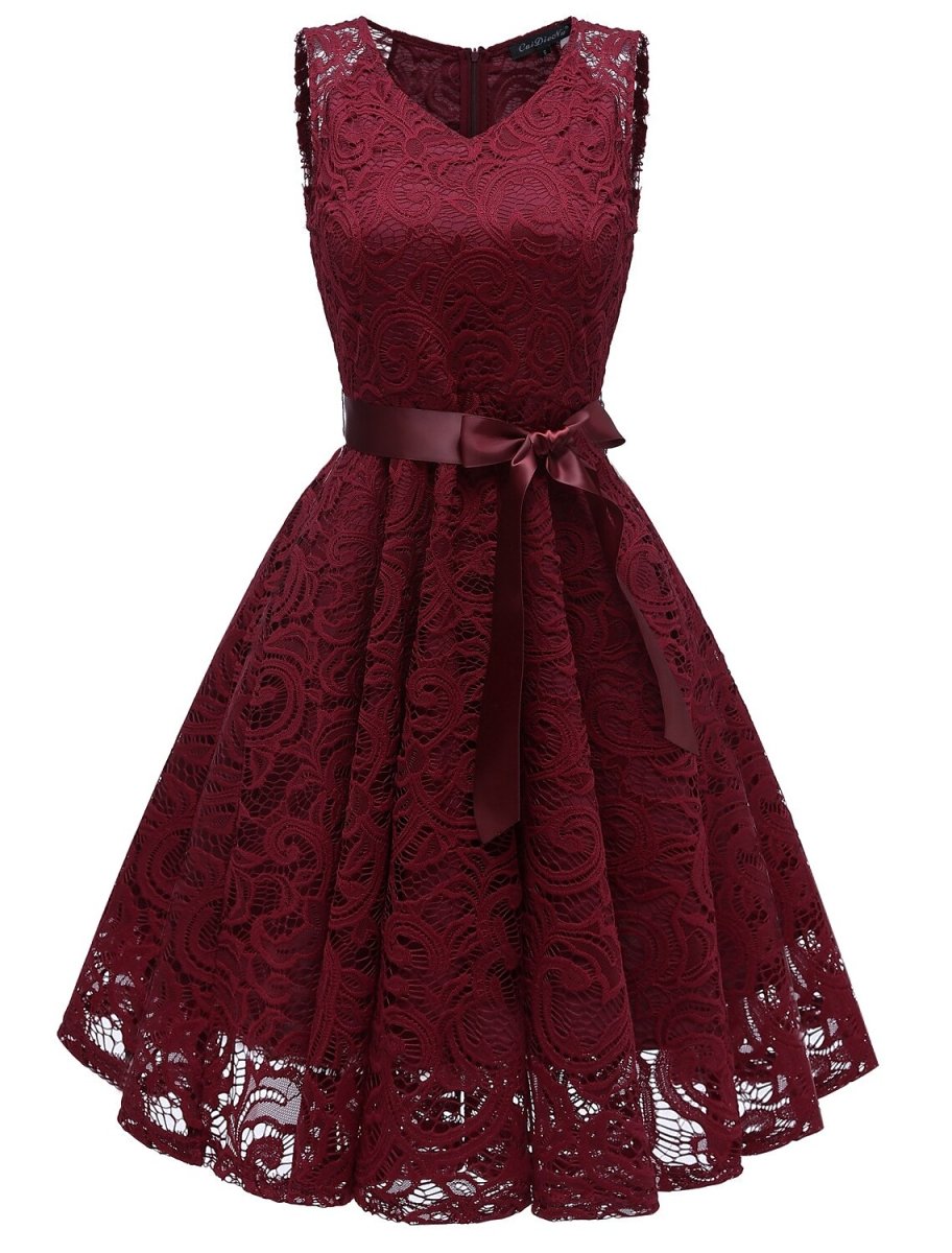 NumberSea - A - Line Cocktail Dresses Minimalist Dress Homecoming Graduation Short / Mini Sleeveless V Neck Lace with Bow(s) Pleats